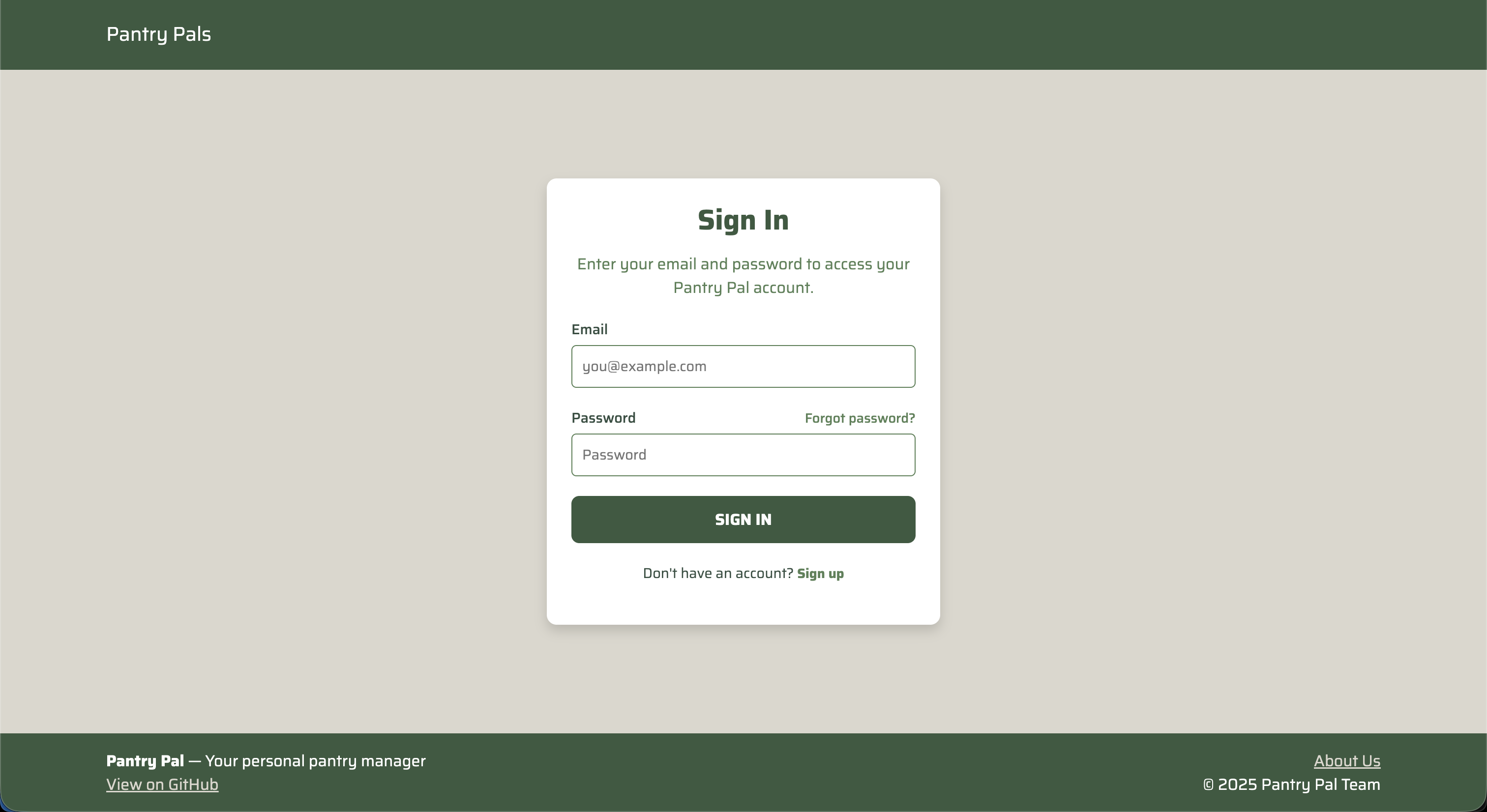 Pantry Pals Sign In Page