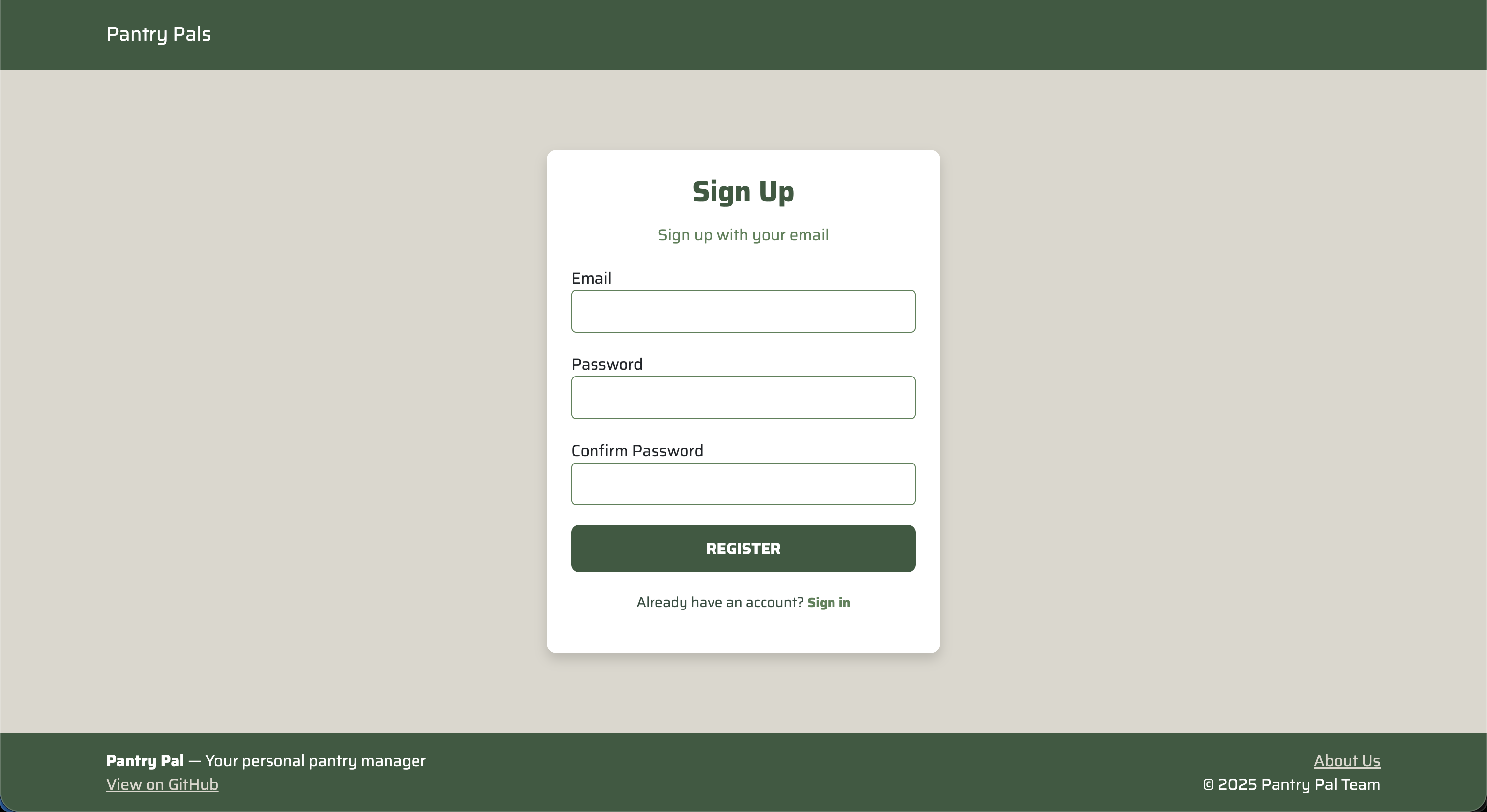 Pantry Pals Sign Up Page
