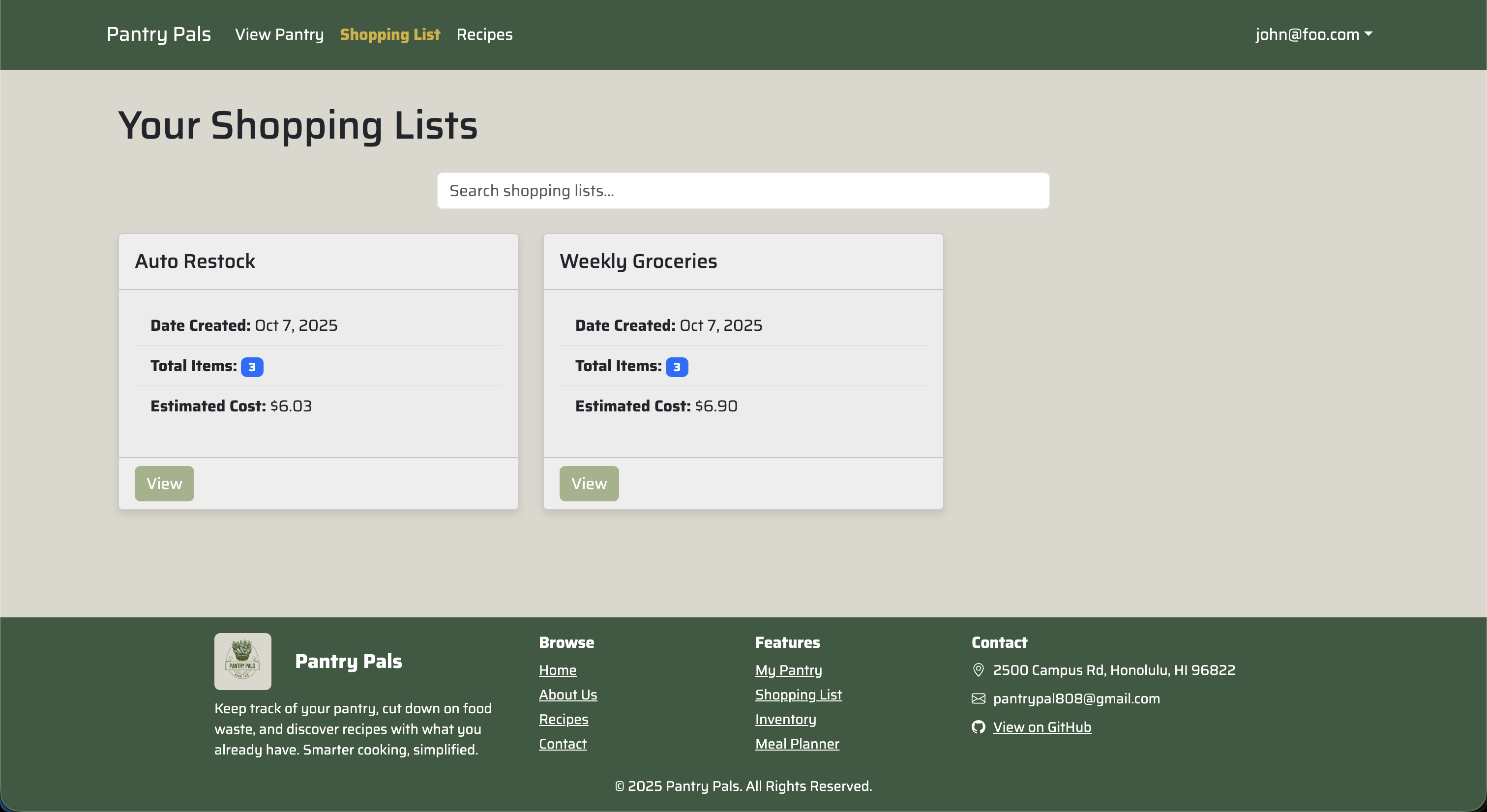 M3 Shopping List Page