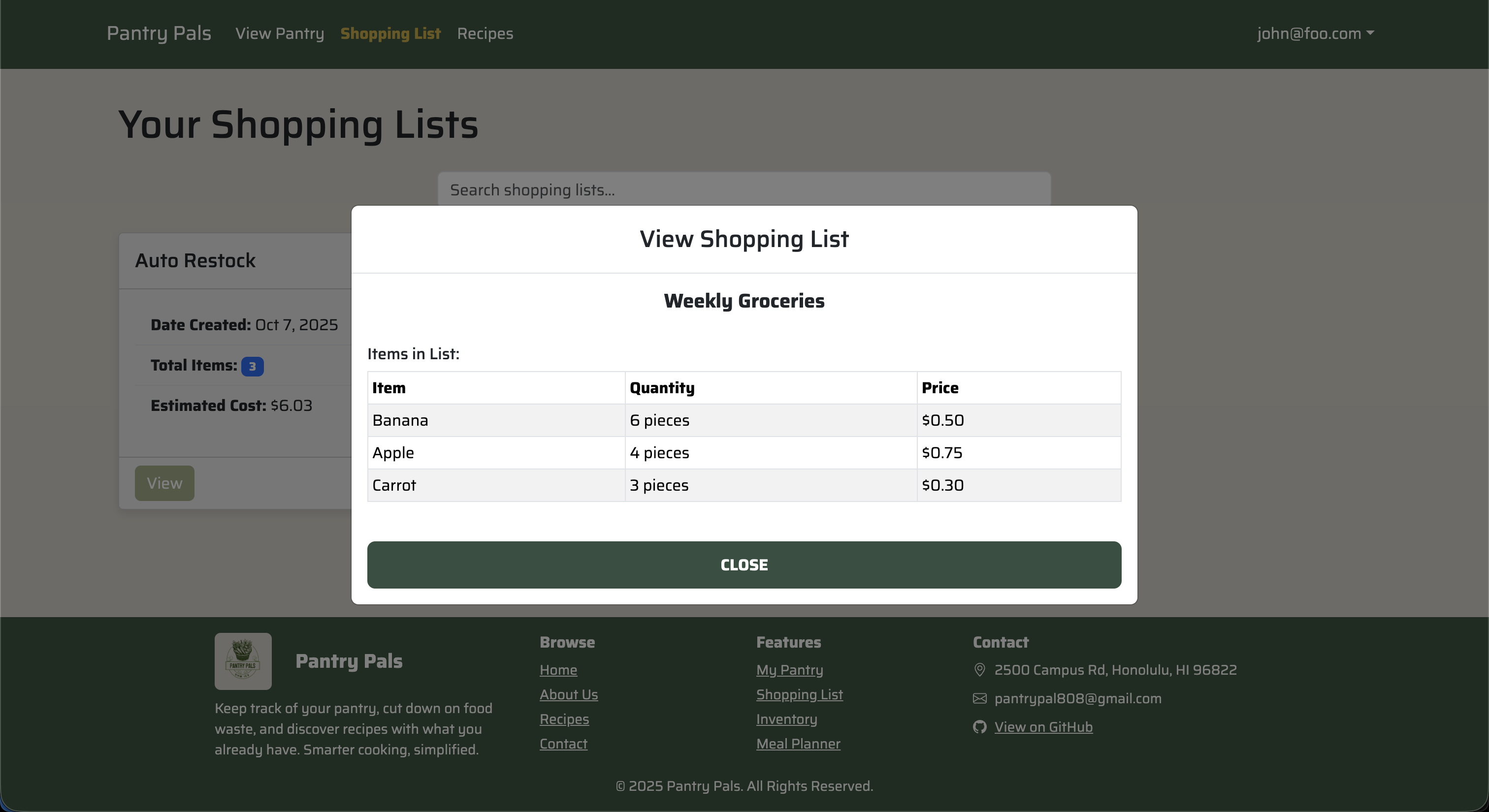 M3 Shopping List Modal