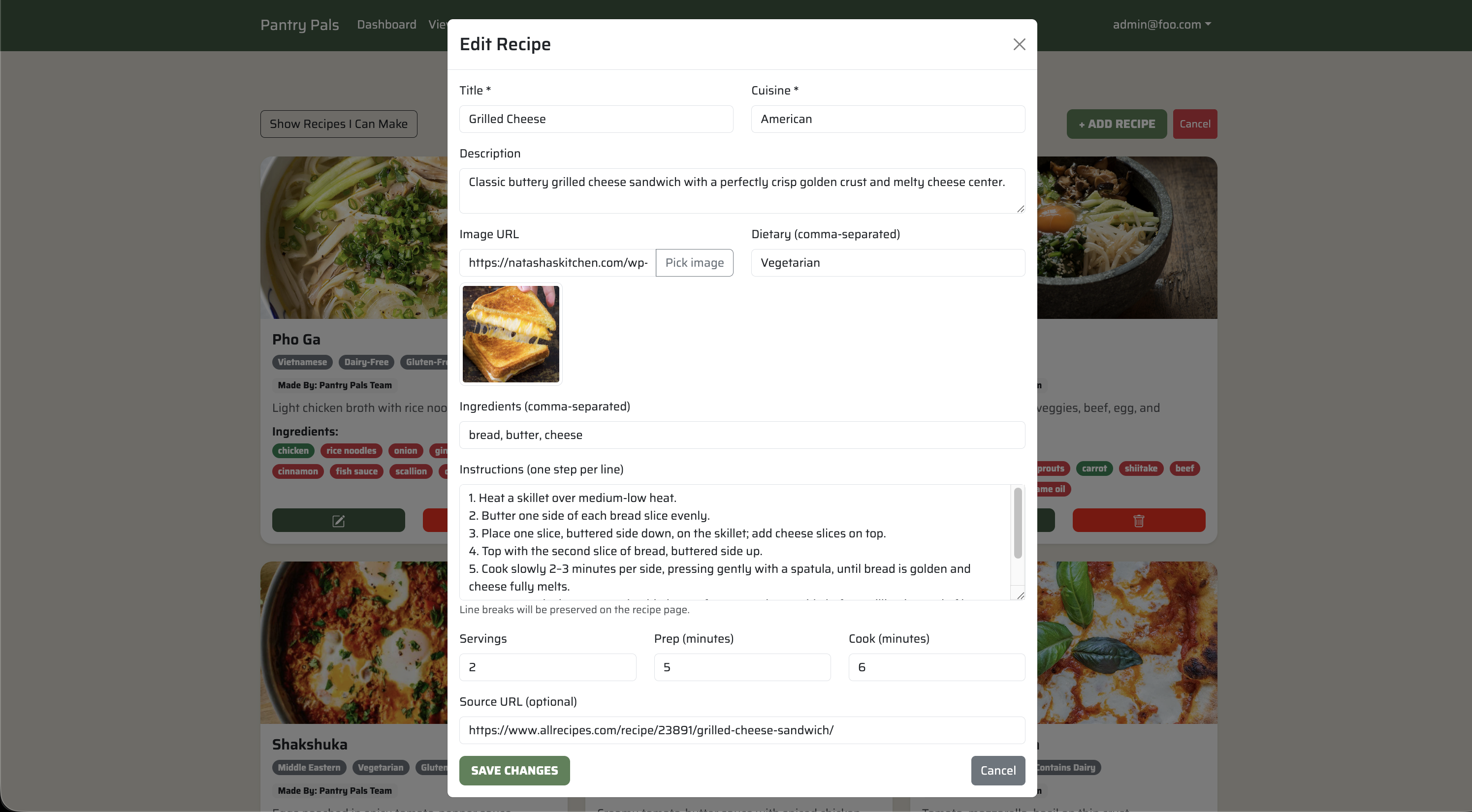 M6 Edit Recipes Modal