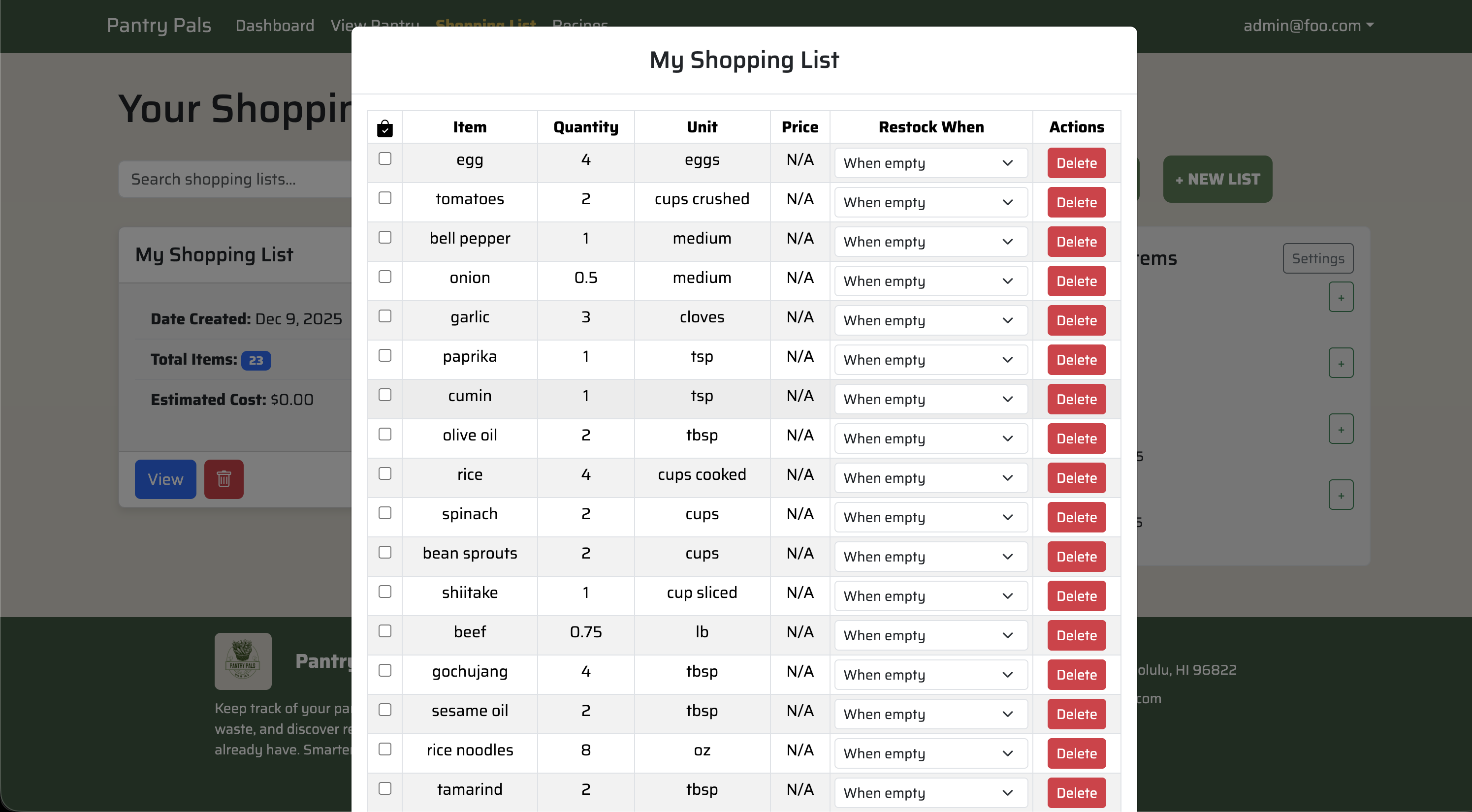 M7 Shopping List Modal